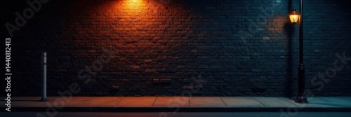 Dark brick wall, illuminated sidewalk, urban night scene, minimalism, alley