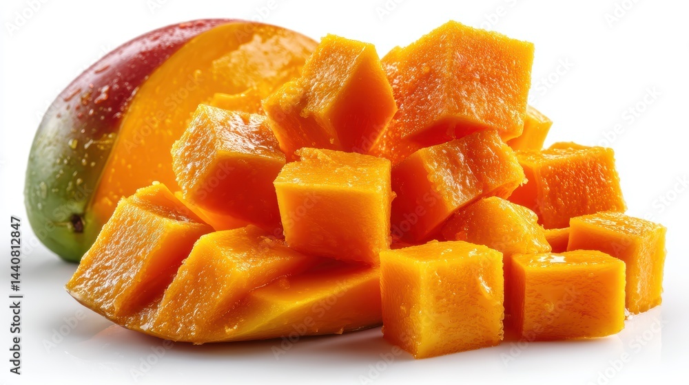 a ripe mango cut into cubes with a vibrant orange color on a white isolated background, tropical and fresh design a ripe mango cut into cubes with a vibrant orange color on a white isolated background, tropical and fresh design