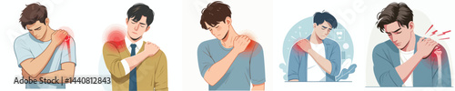 flat design vector collection of a young man suffering from shoulder pain

