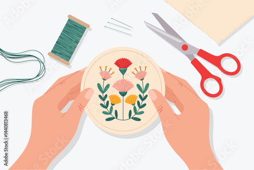 Female sewing with Hands top view, threads and needles near round fabric with embroidery , flat vector illustration