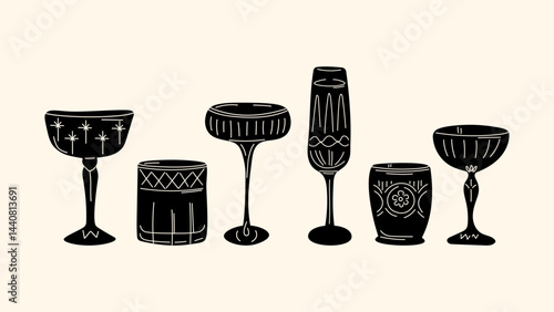 Funky retro cocktail set — vibrant cartoon-style drinks in hand-sketched hippie glasses