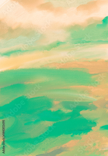 Impressionistic Landscape of Valley, Meadow, Pasture, Field w/Clouds In Sky-Digital Painting, Art, Illustration, Design w/Paint & Canvas Texture in Green, Peach & Orange,