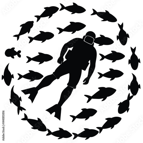 Silhouette of a Scuba Diver Underwater Surrounded