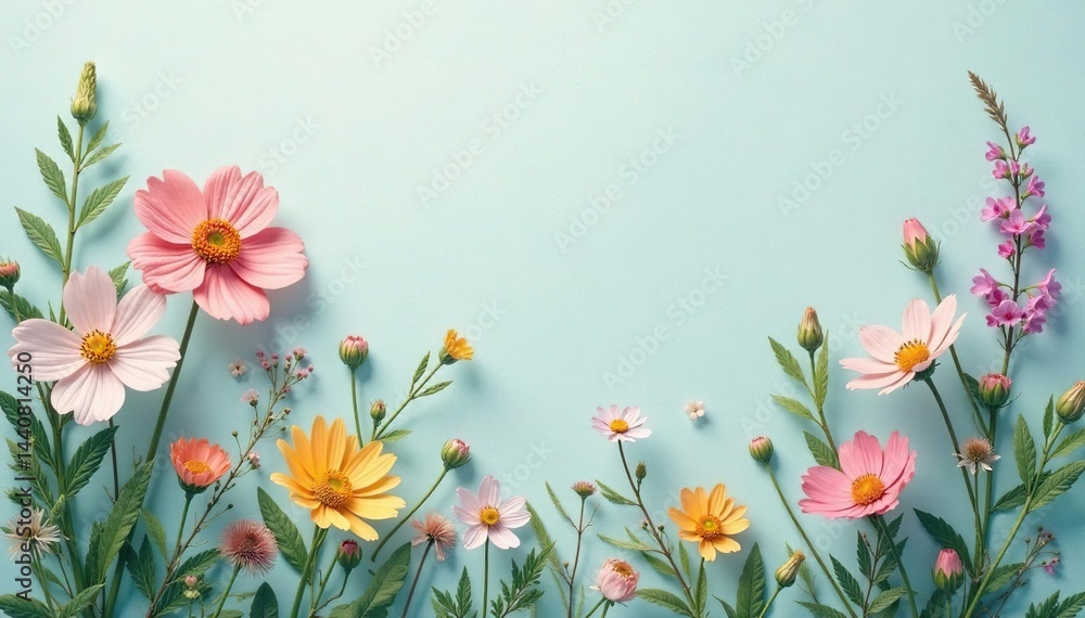 Naklejka premium Delicate wildflowers & leaves, pastel palette, subtle texture, light, handmade, wallpaper