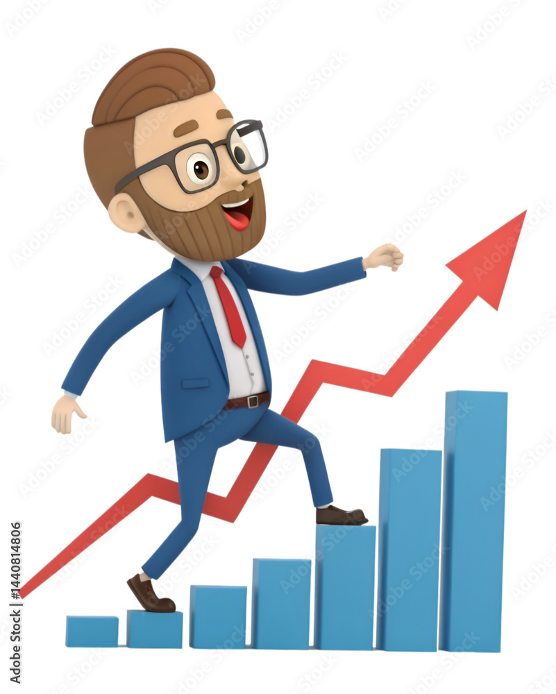 businessman stepping on ascending bar chart with red arrow businessman stepping on ascending bar chart with red arrow