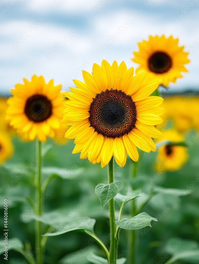 Bright Yellow Sunflowers in Summer Field - Sunflowers symbolize happiness, optimism, longevity, adoration, and good health. A vibrant summer field full of these cheerful blooms Bright Yellow Sunflowers in Summer Field - Sunflowers symbolize happiness, optimism, longevity, adoration, and good health. A vibrant summer field full of these cheerful blooms