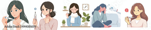 flat vector design collection of a girl who is sick with fever using a thermometer