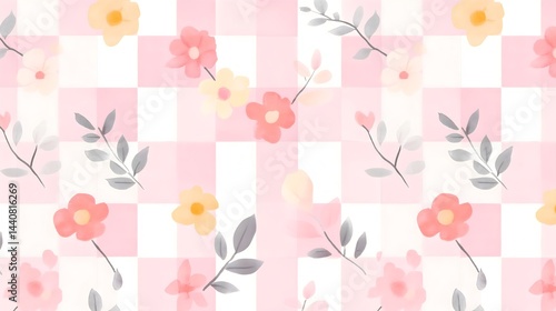 Fototapeta Naklejka Na Ścianę i Meble -  Pink Gingham Floral Pattern: Delicate pink flowers and gray leaves are artfully arranged on a pink and white gingham background, creating a charming and elegant seamless pattern.
