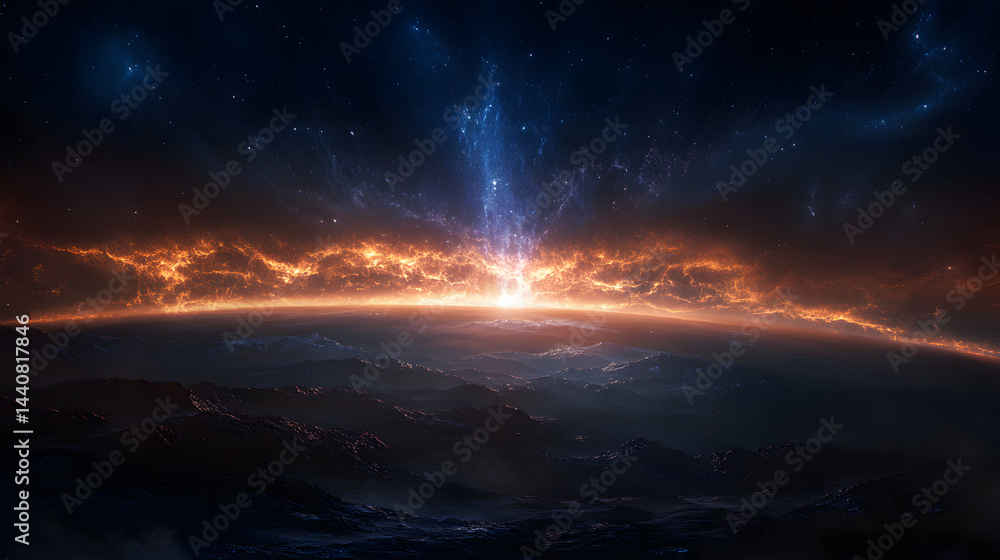A dazzling aurora stretching across an alien planet’s sky. A dazzling aurora stretching across an alien planet’s sky.