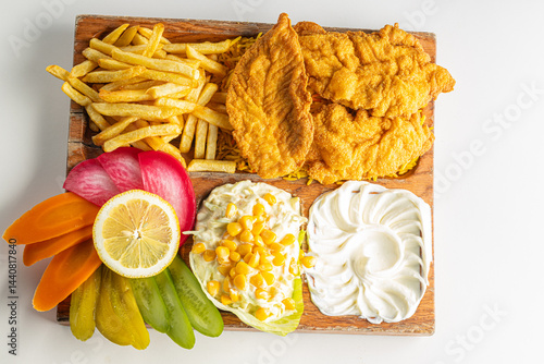 Crispy Fried Chicken with French Fries on Branded Paper Isolated on White Background

