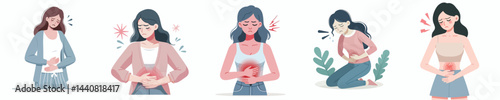 flat vector collection of designs of a girl having a stomachache
