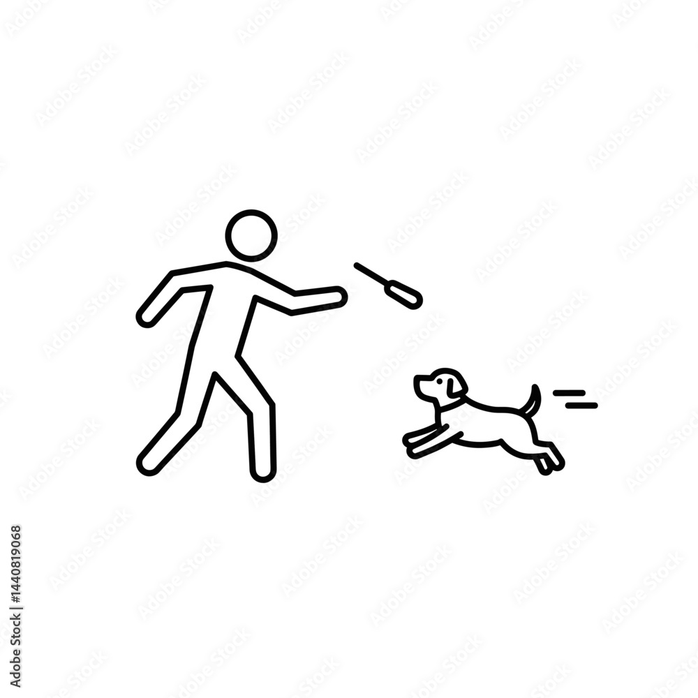 Playful Bond: Capturing the simple joy of a stick thrown to a dog. A person's outline throws stick as a dog happily dashes forward to chase. Simple, illustrative, and endearing. Playful Bond: Capturing the simple joy of a stick thrown to a dog. A person's outline throws stick as a dog happily dashes forward to chase. Simple, illustrative, and endearing.