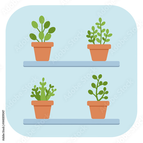 A Quartet of Potted Plants: An attractive, flat illustration of a grouping of four varied potted plants, each residing on their respective shelves, symbolizing growth.