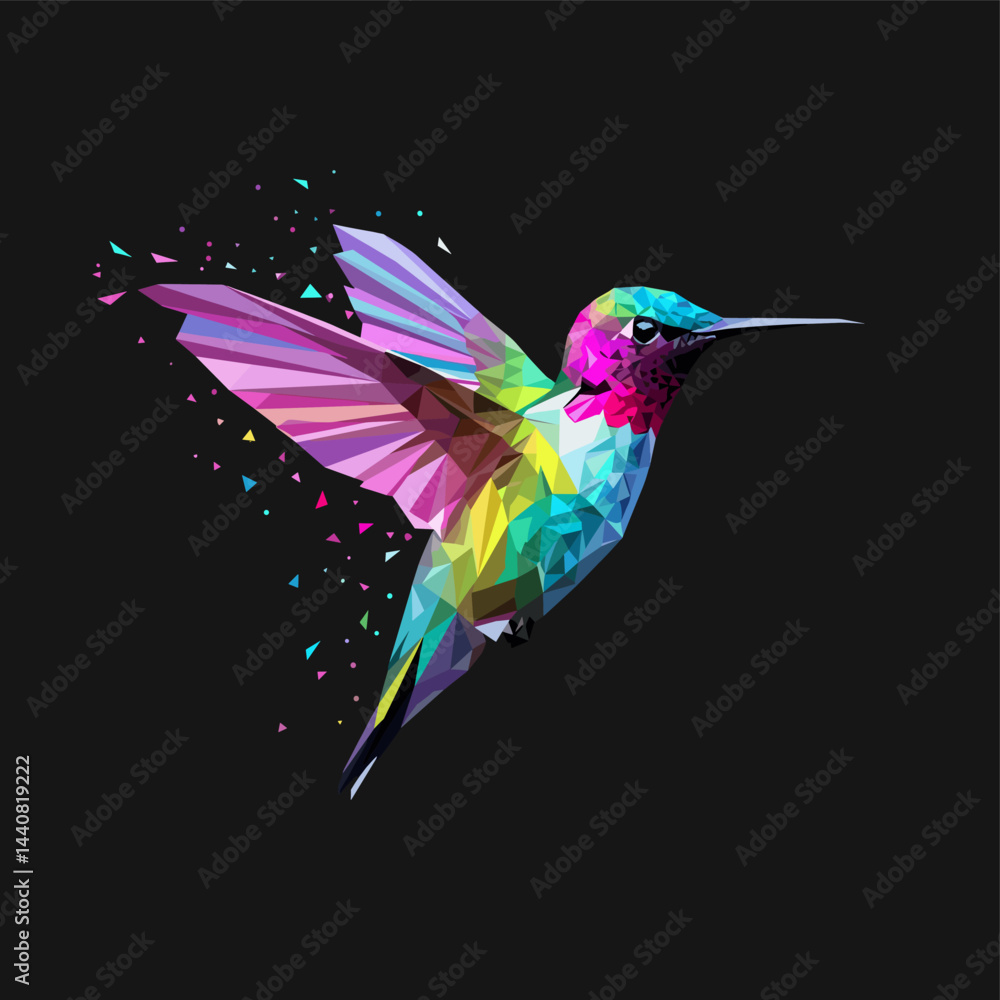 Obraz premium Geometric Hummingbird in Flight: A stunning geometric rendering of a hummingbird in flight, showcasing vibrant colors and a modern, artistic style.