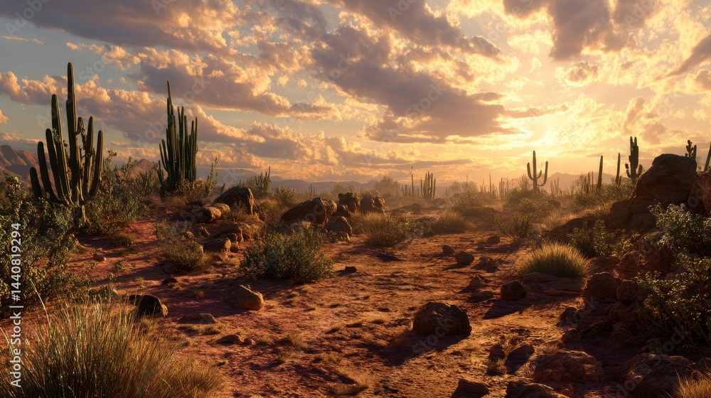 Sunset over desert landscape with cacti and dramatic clouds Sunset over desert landscape with cacti and dramatic clouds