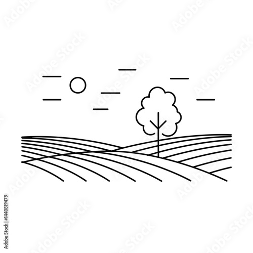 Simple Landscape: A minimalist, line-art illustration of a tranquil countryside scene, with rolling hills, a solitary tree, and the sun in the sky, evoking peace and simplicity.