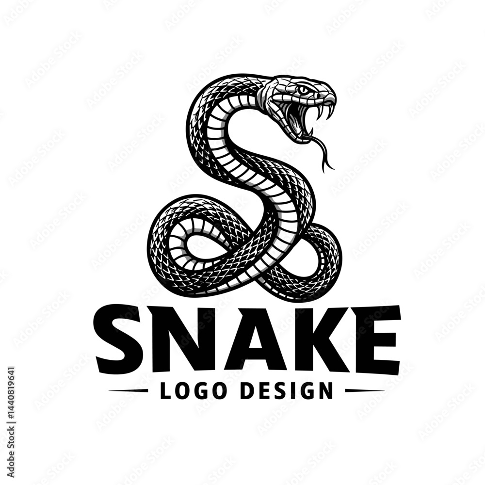 Obraz premium Serpent Logo Design: A sleek, hand-drawn emblem showcasing a serpent, coiled in a dynamic pose with its mouth open, exuding an aura of ancient power and precision. 