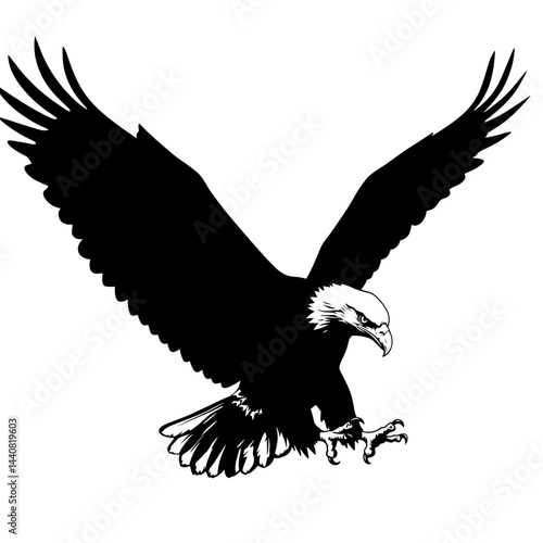 Majestic Eagle in Flight: A powerful bald eagle in silhouette soars with widespread wings, a symbol of freedom and strength, captured in a dramatic and artistic black and white image.