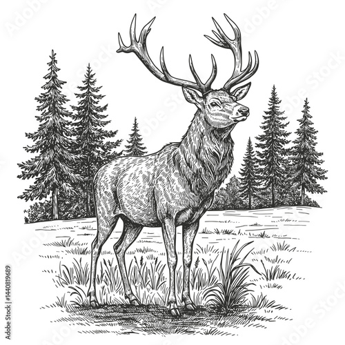 Majestic Stag in Woodland: A magnificent stag, distinguished by its impressive antlers and detailed fur, stands proudly in a detailed, hand-drawn forest scene.