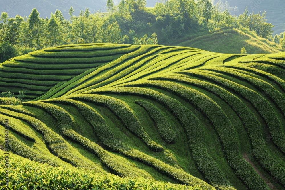 Fototapeta premium Lush green terraces create rolling patterns in this scenic cultivated landscape, showcasing farming and environmental harmony.