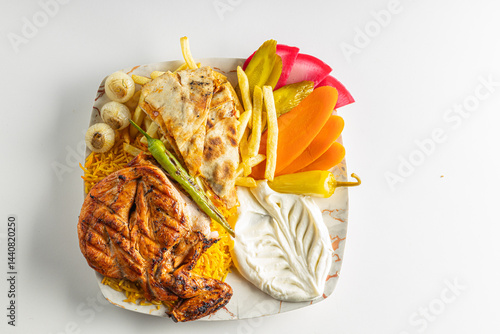 Grilled Chicken with French Fries, Flatbread, and Vegetables on a Plate Isolated on White Background

