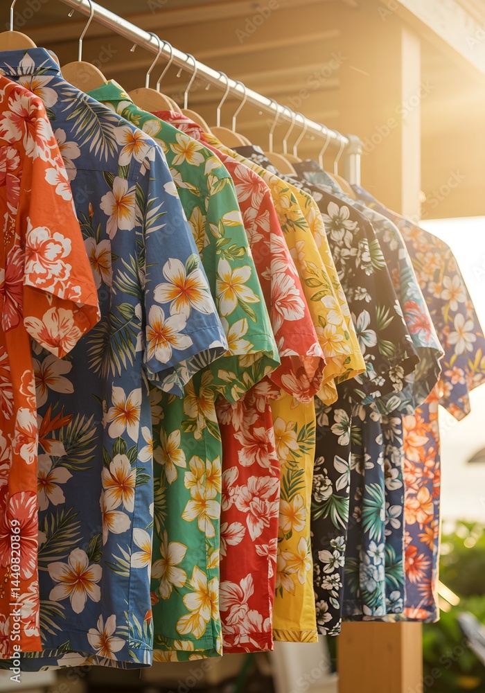 Naklejka premium Colorful Hawaiian Shirts Tropical Floral Print Summer Clothing on a Clothes Rack, Vacation Wear.