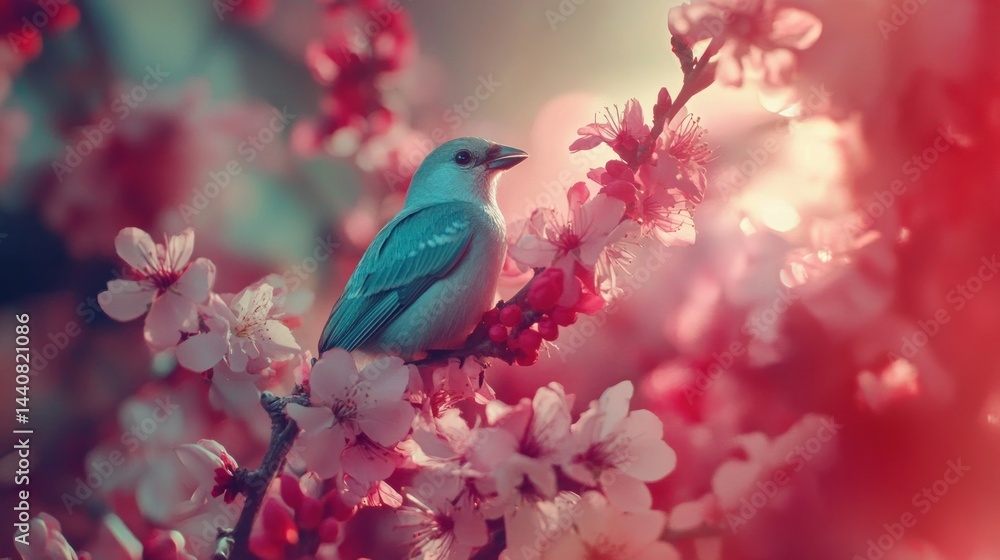 Fototapeta premium A vibrant blue bird perched amidst a blossoming pink tree. Springtime beauty