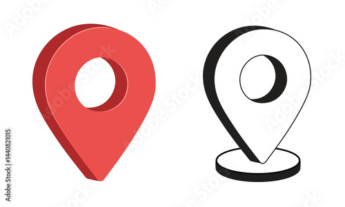 Location map pin icon set, red GPS marker vector, black and white navigation symbol, position pointer clipart for travel direction