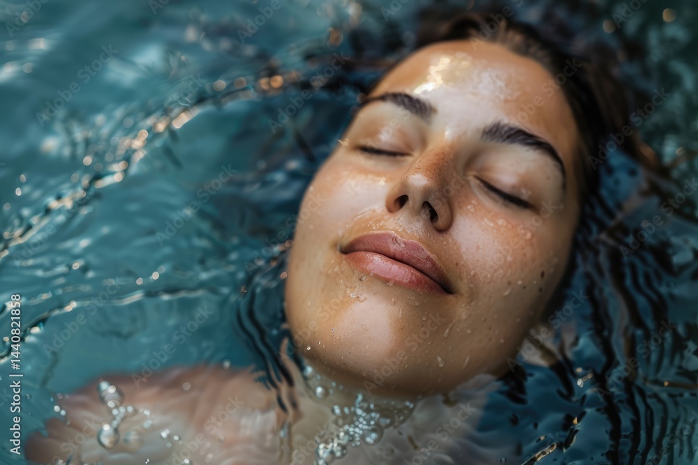 Young woman relaxing in a swimming pool with eyes closed. Photography for wellness and relaxation. Concept for spa, leisure, and self care. Top view of woman closing eyes and swimming in pool. AIG51. Young woman relaxing in a swimming pool with eyes closed. Photography for wellness and relaxation. Concept for spa, leisure, and self care. Top view of woman closing eyes and swimming in pool. AIG51.