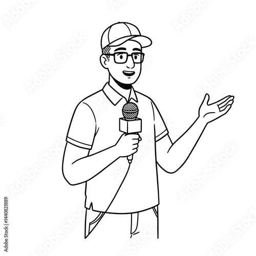Male presenter speaking with a microphone in a graphic style  