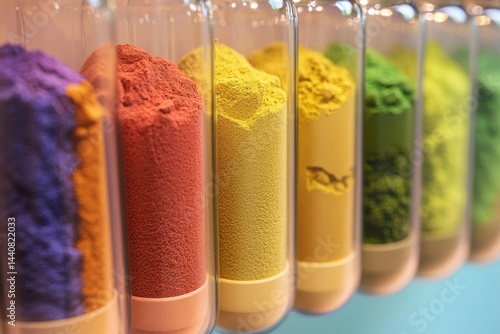 A vibrant array of colorful powders displayed in clear tubes, showcasing a spectrum of hues from purple to green in a laboratory setting.
