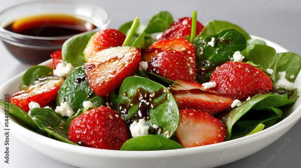 a fresh spinach and strawberry salad with balsamic dressing on a white isolated background, light and healthy design a fresh spinach and strawberry salad with balsamic dressing on a white isolated background, light and healthy design