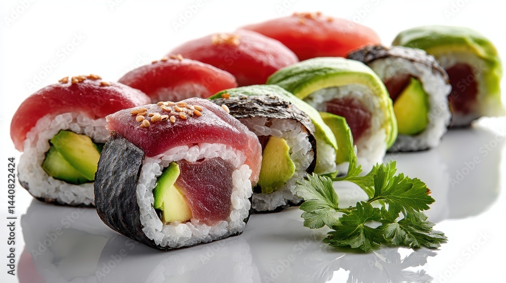 a delicious plate of sushi rolls with avocado, cucumber, and tuna on a white isolated background, fresh and savory design a delicious plate of sushi rolls with avocado, cucumber, and tuna on a white isolated background, fresh and savory design