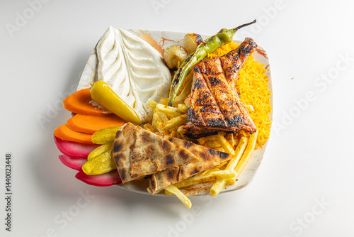 Grilled Chicken with French Fries, Flatbread, and Vegetables on a Plate Isolated on White Background

