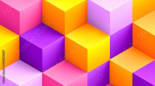 Vibrant geometric pattern featuring 3D blocks in shades of pink, purple, and yellow. Ideal for backgrounds, digital art, and design projects seeking a modern aesthetic.