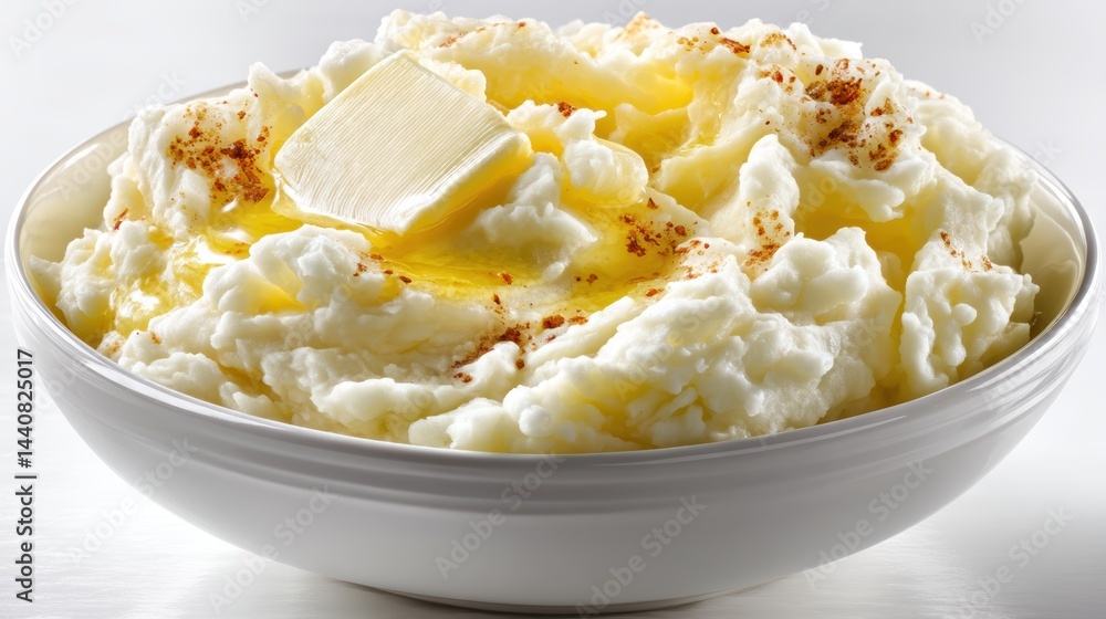 a bowl of hot and creamy mashed potatoes with a dollop of butter on a white isolated background, comforting and indulgent design a bowl of hot and creamy mashed potatoes with a dollop of butter on a white isolated background, comforting and indulgent design