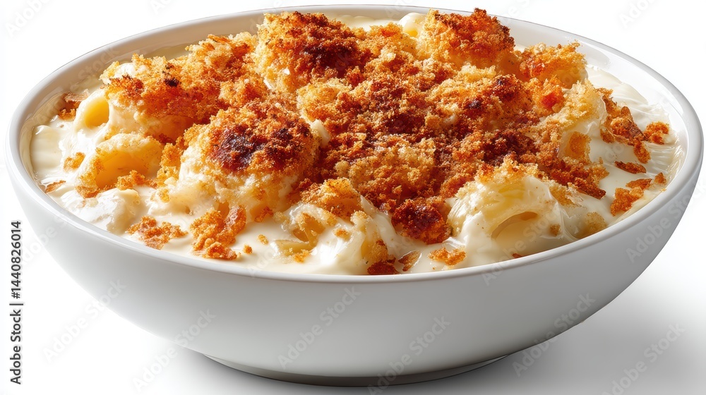 a bowl of creamy mac and cheese with breadcrumbs on top on a white isolated background, cheesy and comforting design a bowl of creamy mac and cheese with breadcrumbs on top on a white isolated background, cheesy and comforting design