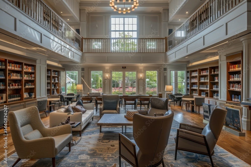 Obraz premium Humans and AI engrossed in reading and learning in a tranquil library filled with digital and physical books, soft lighting, and comfortable seating. AIG60