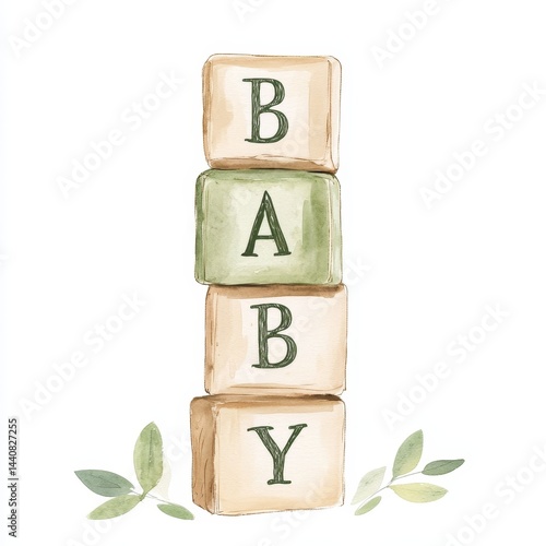 Watercolor blocks with greenery: baby blocks stack with leaves