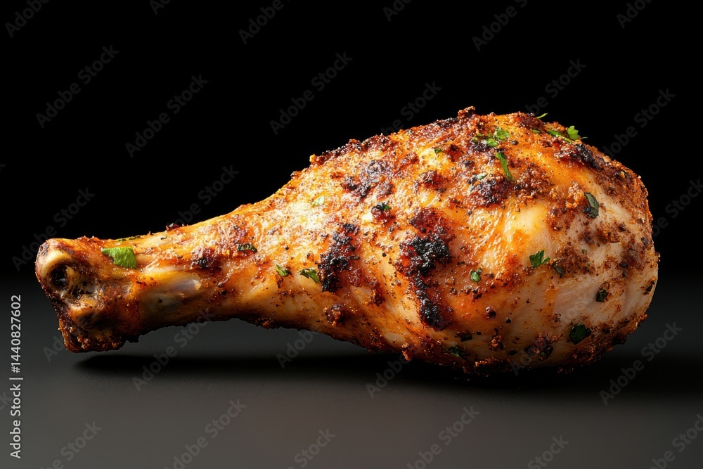 Savory grilled chicken leg with spices resting on a dark surface Savory grilled chicken leg with spices resting on a dark surface
