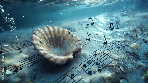 An ethereal seashell symphony lost beneath the waves musical notes dancing in the ocean light with soft focus