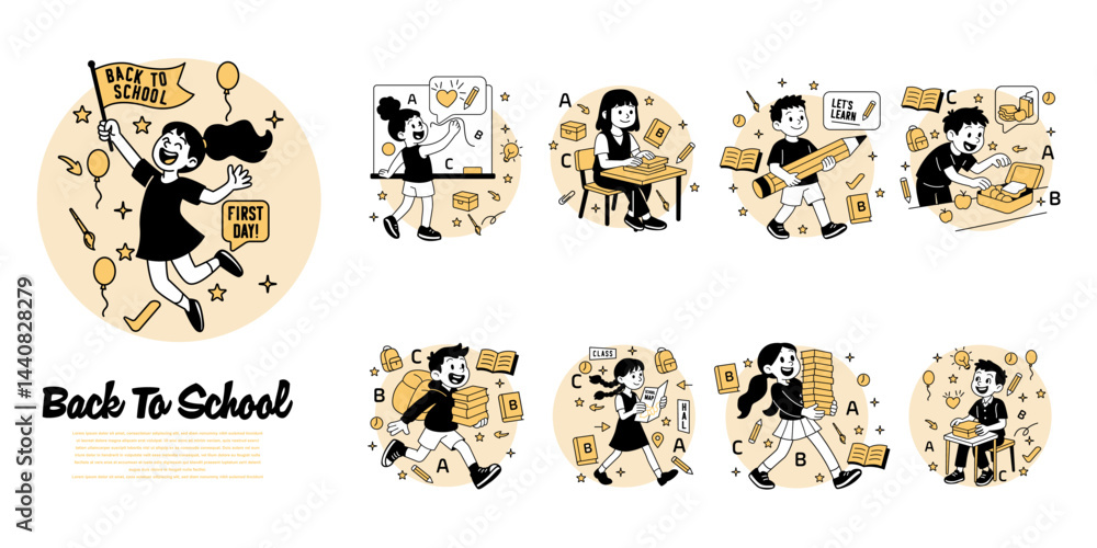Obraz premium Set of cartoon kids back to school: celebrating first day, finding classrooms, studying, carrying supplies, learning and preparing. Flat vector style perfect for education themes.