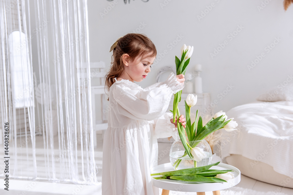Cute little girl in a white dress arranging a bouquet of white tulips in a glass vase on a white table, filling the bright room with a peaceful, innocent atmosphere Cute little girl in a white dress arranging a bouquet of white tulips in a glass vase on a white table, filling the bright room with a peaceful, innocent atmosphere