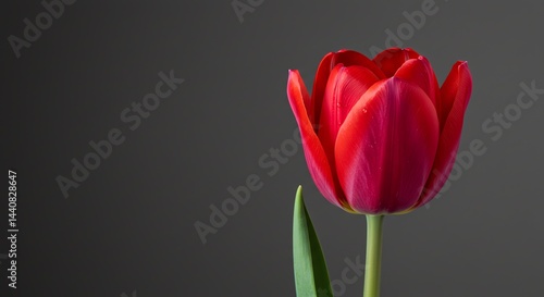 Red Tulip Blossom Blooming Against Gray Background