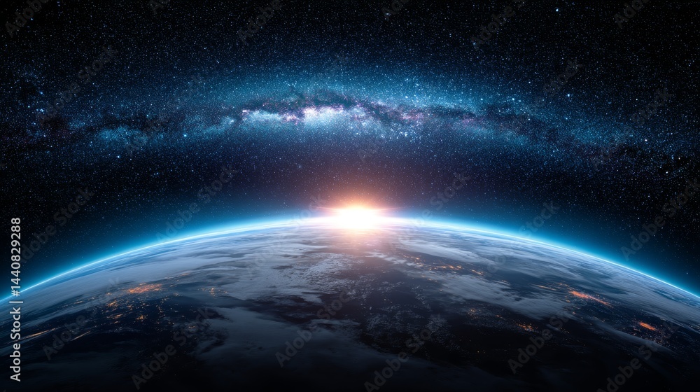 Earthrise and Milky Way Galaxy - Stunning view of Earth from space, showing a sunrise over the planet with the Milky Way galaxy visible in the background Earthrise and Milky Way Galaxy - Stunning view of Earth from space, showing a sunrise over the planet with the Milky Way galaxy visible in the background