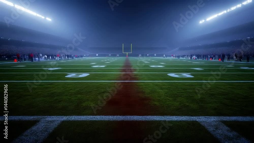 Panoramic view of illuminated football field with marked yard lines and goalposts under dramatic stadium lights

