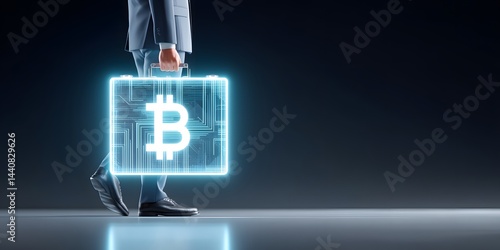 A businessman walking confidently while carrying a holographic briefcase featuring a Bitcoin symbol, representing the fusion of finance and technology in modern commerce.