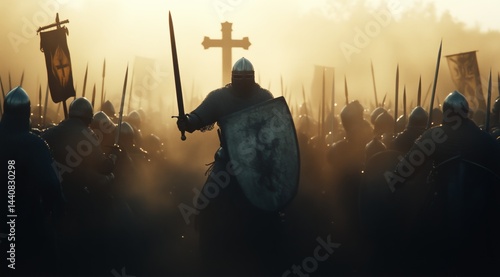 Knight in armour with sword and shield during a battle with a Christian cross behind him in the mist.