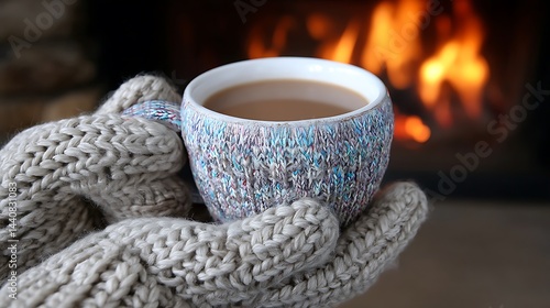 Wallpaper Mural Cozy hands holding warm drink in patterned cup by fireplace. Blurred fire background Torontodigital.ca