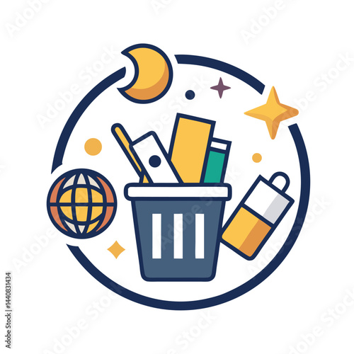 Professional junk removal service logo featuring a minimalist design with a trash bin surrounded by various items representing decluttering and waste disposal
